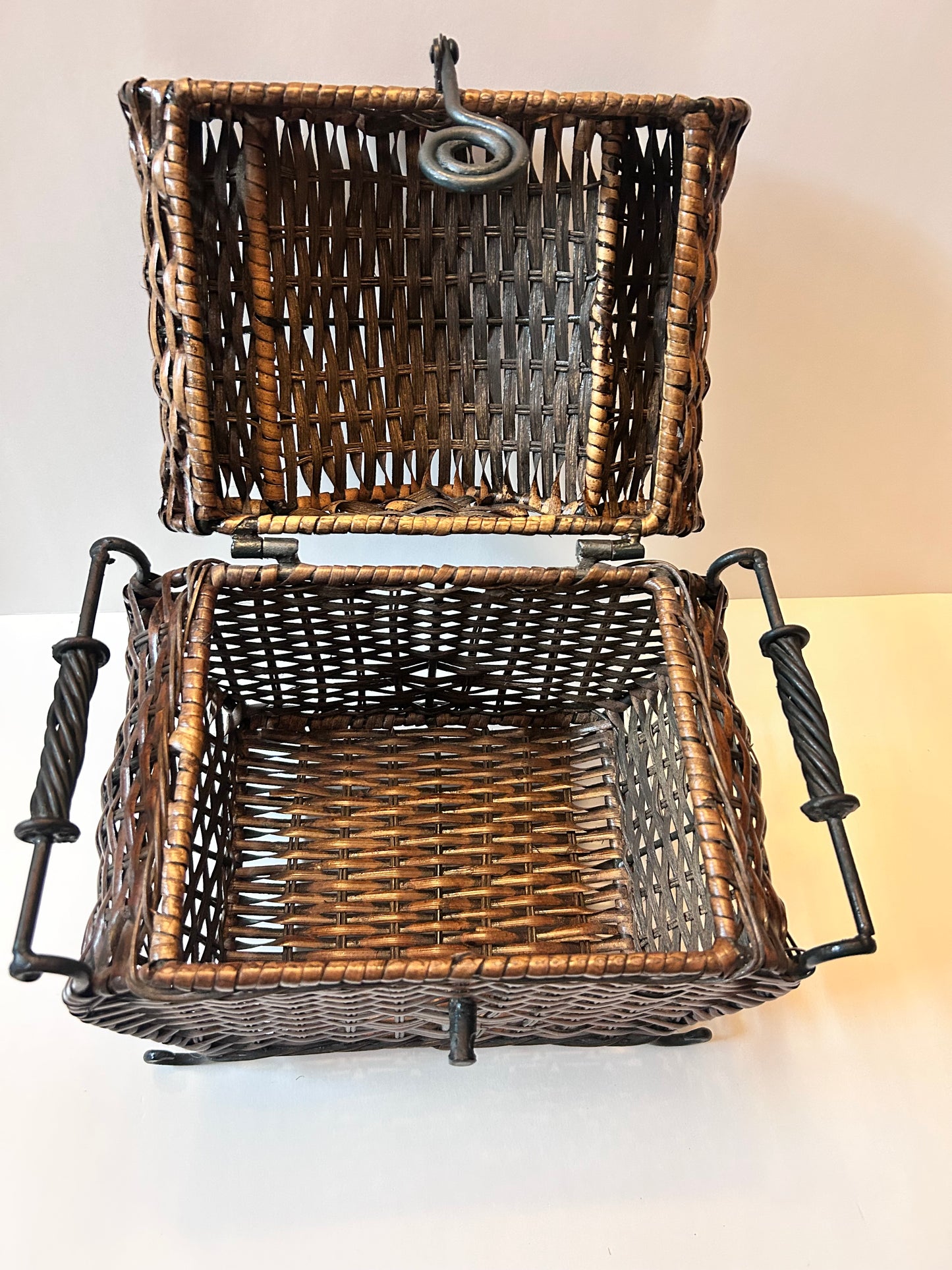 Vintage Woven Wicker Chest with Wrought Iron Scroll Feet & Twisted Metal Handles