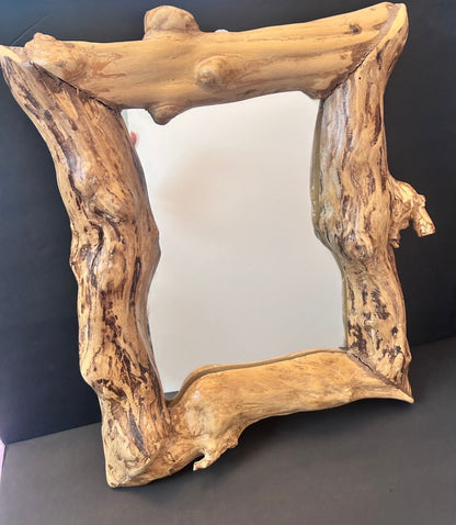 Vintage Artisan Hand-Carved Solid Wood Mirror - 19x16 Signed "Chen" - Rustic Live Edge Studio Craft