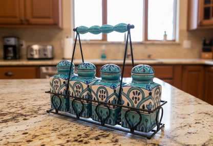 Artisan Hand-Painted Blue & White Indian Ceramic Spice Jar Set (4 Jars) w/ Metal Caddy