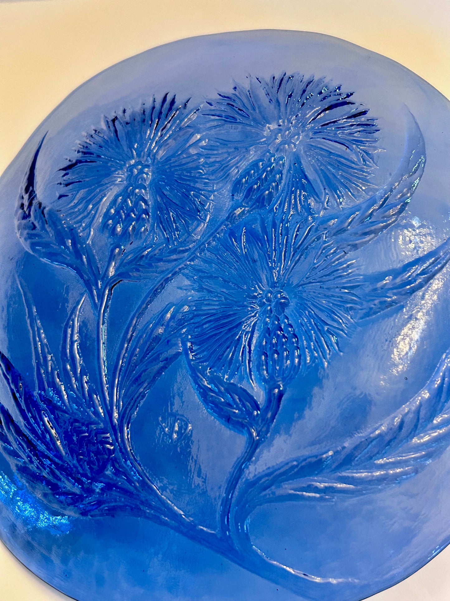 Pair of Hand Crafted Art Glass Cobalt Thistle Motif Plates/- Signed "TD" (8.5”)