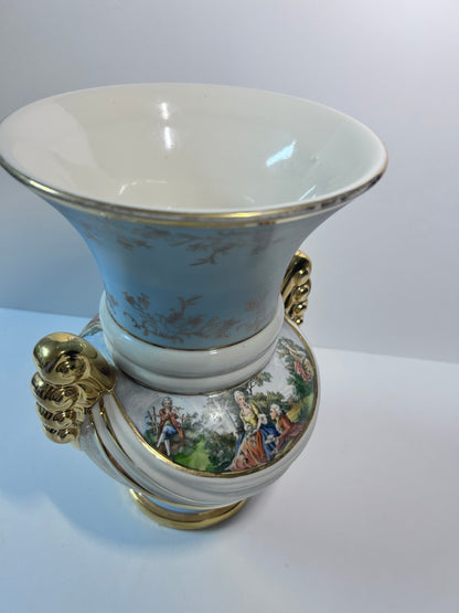 Vintage Abingdon Pottery USA Gold & Powder Blue Urn Vase - Fragonard Courting Couple
(#563)