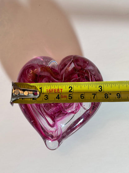 Vintage Signed Pink Swirl Glass HeartPaperweight & Floral Gem Votive