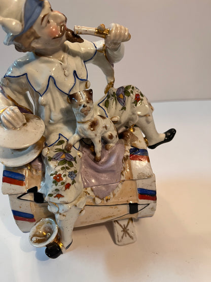 Antique German Porcelain Figurine Biscuit Barrel Jester & Dog Trinket Lidded Box