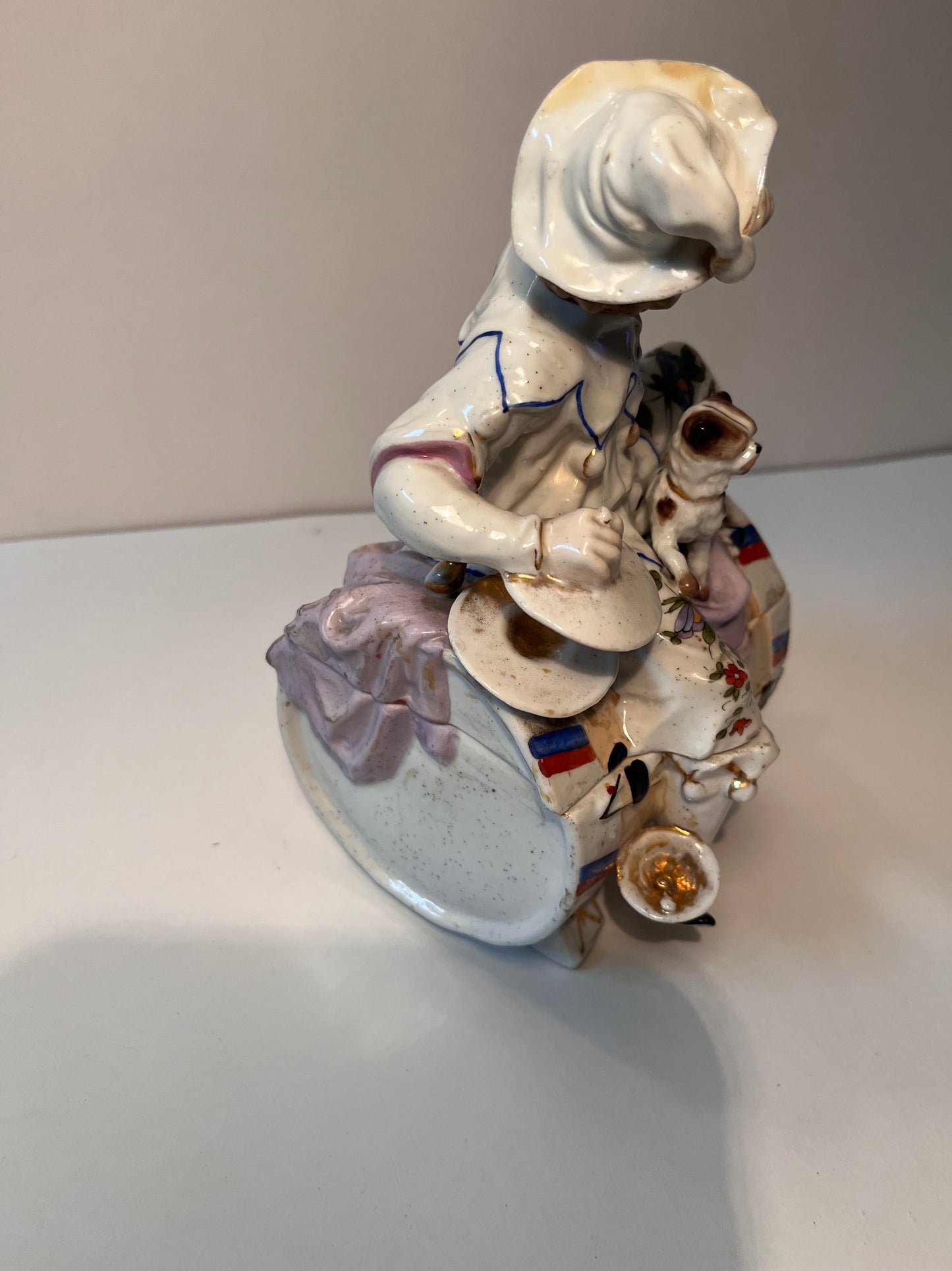 Antique German Porcelain Figurine Biscuit Barrel Jester & Dog Trinket Lidded Box