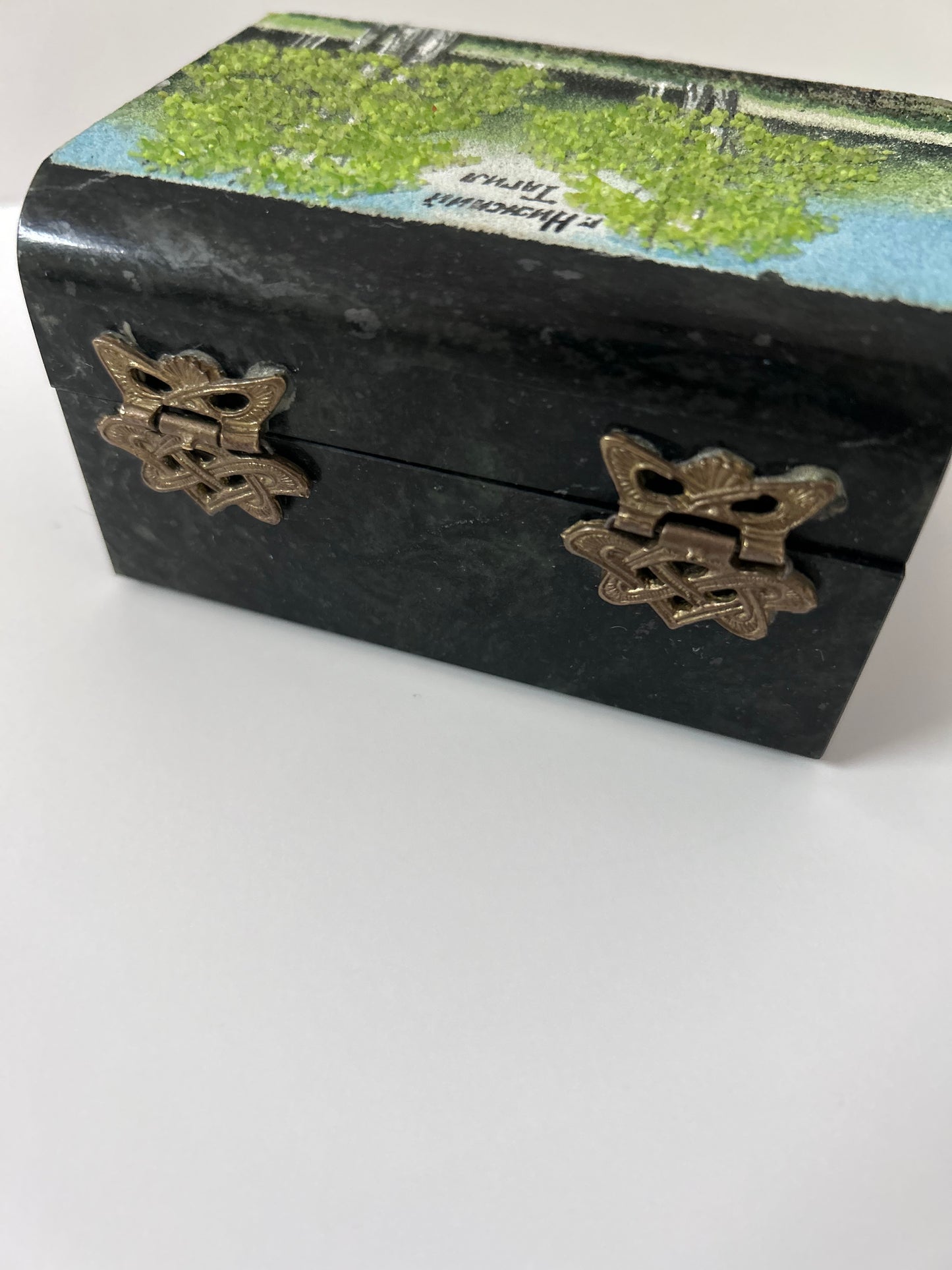 Vintage Russian Green Ural Serpentine Small Trinket Mosaic Hinged Casket - Birch Tree Scene