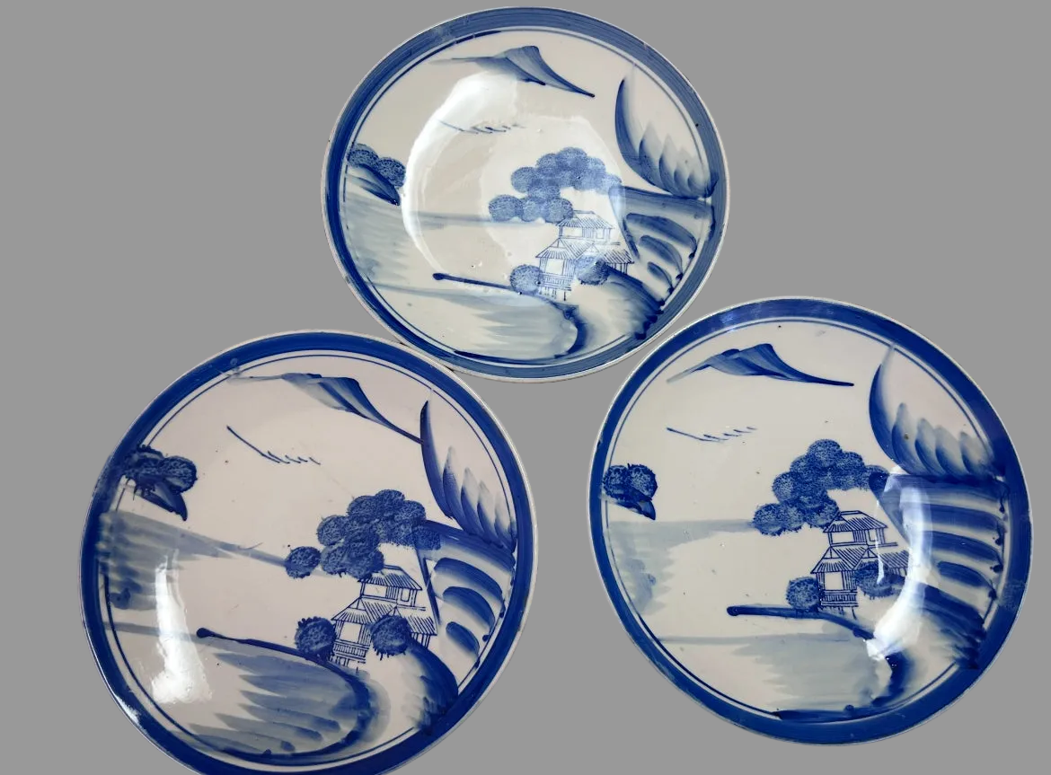 Set of 3 Antique Japanese Arita Plates -Late Edo Period (c. 1860-1880)
– Mountain Landscape – 9"