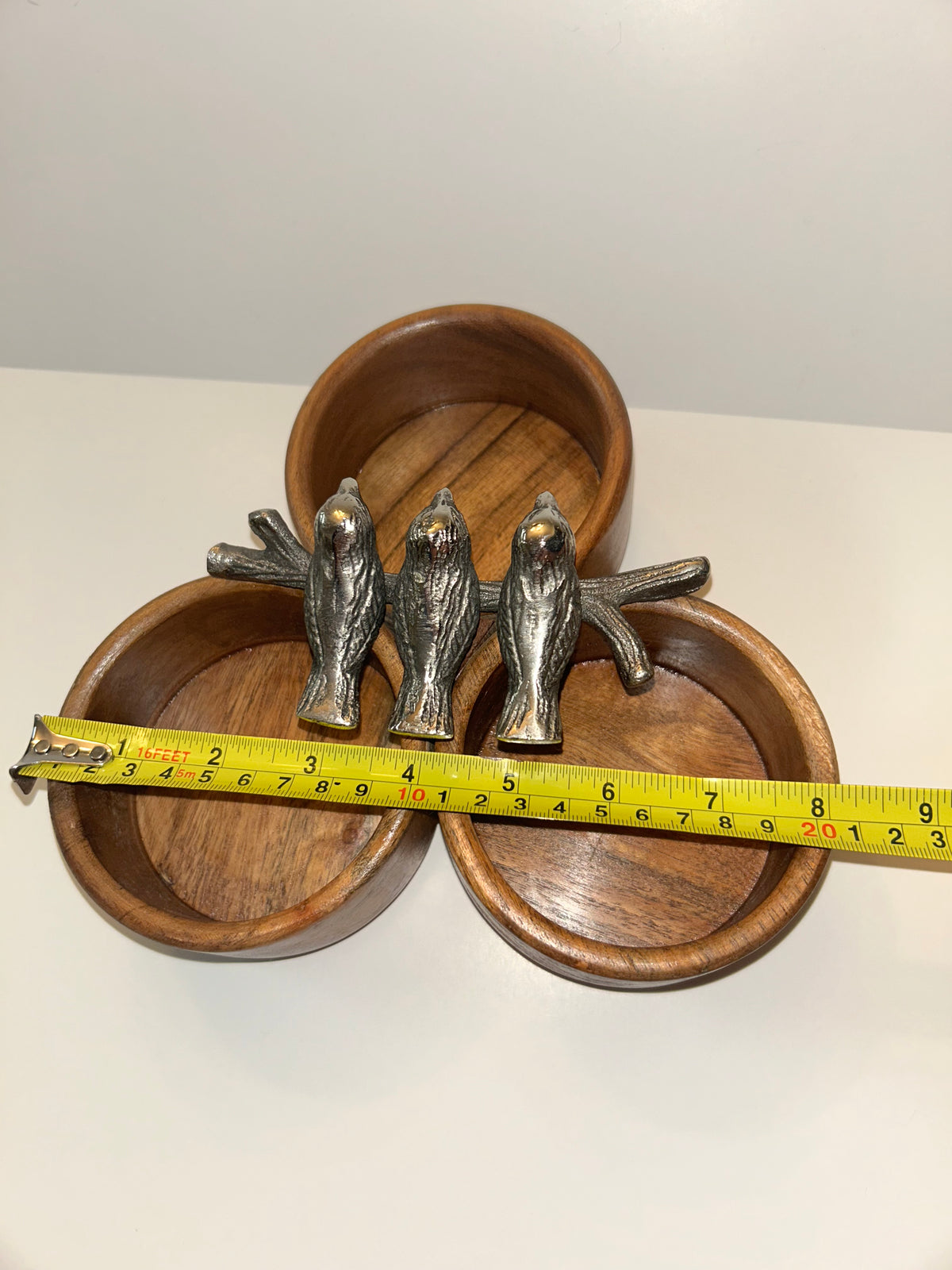 Charming Handcrafted Wooden Condiment Snack Bowls with Pewter Bird Accents