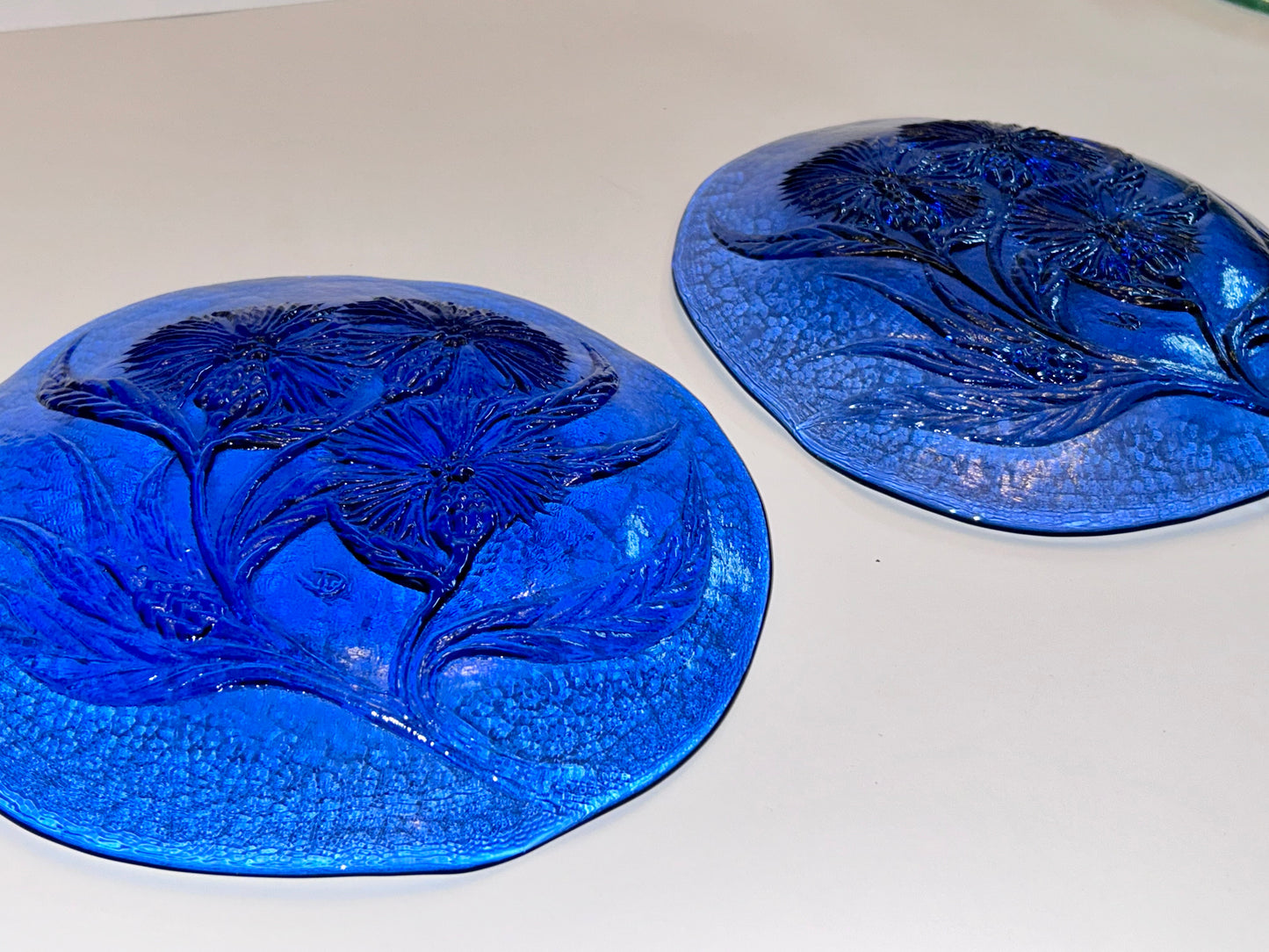 Pair of Hand Crafted Art Glass Cobalt Thistle Motif Plates/- Signed "TD" (8.5”)