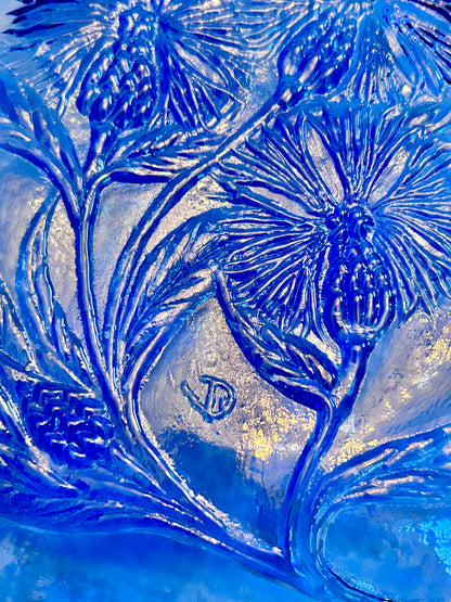 Pair of Hand Crafted Art Glass Cobalt Thistle Motif Plates/- Signed "TD" (8.5”)