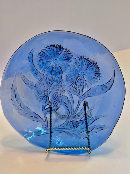 Pair of Hand Crafted Art Glass Cobalt Thistle Motif Plates/- Signed "TD" (8.5”)