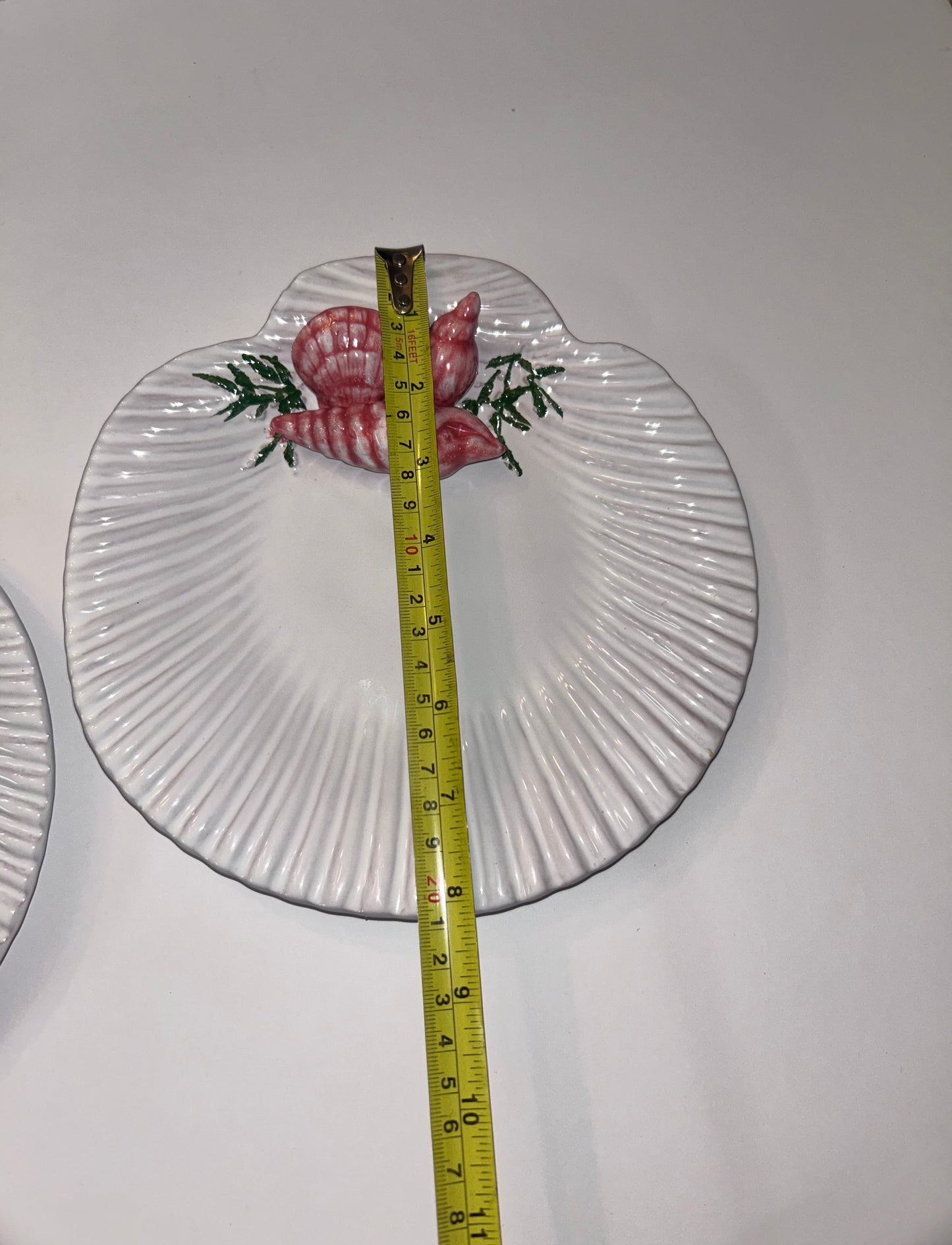 Pair Vtg Portuguese MAJOLICA Scallop Shell Plates, 3D Pink Shrimp Relief