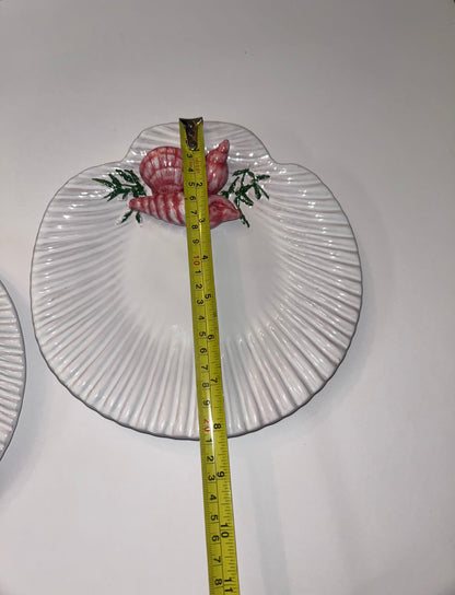 Pair Vtg Portuguese MAJOLICA Scallop Shell Plates, 3D Pink Shrimp Relief