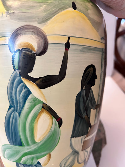 Barrington Collection 14" Hand-Painted Ceramic Vase - African Village Narrative Scene 14