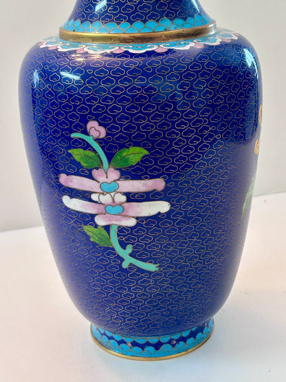 Vintage Cloisonné Over Copper Vase 12" H - Chrysanthemum & Butterfly Design
