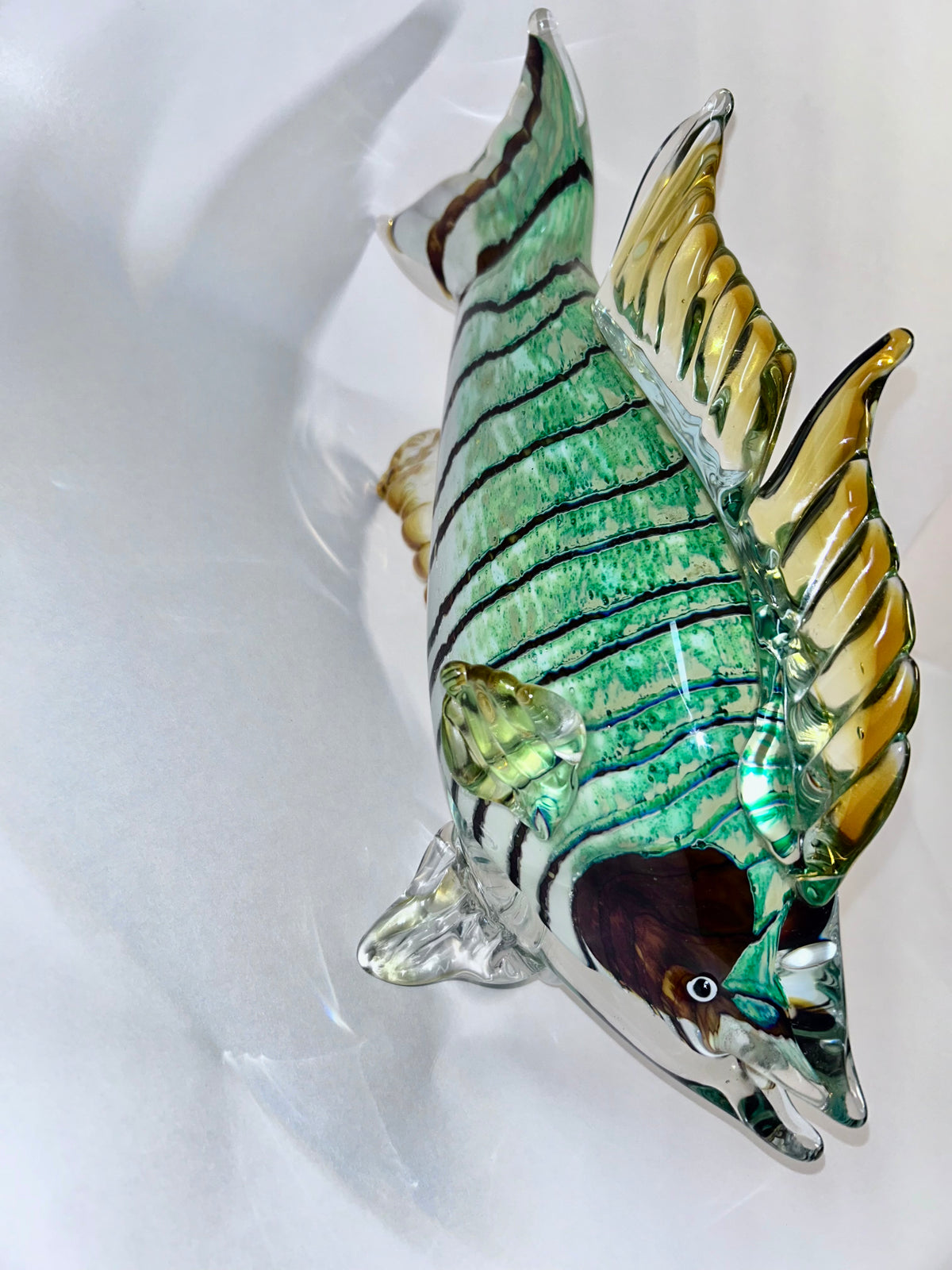 Vintage Hand-Blown Art Glass Fish Sculpture - Green & Amber -Large (13" × 8")