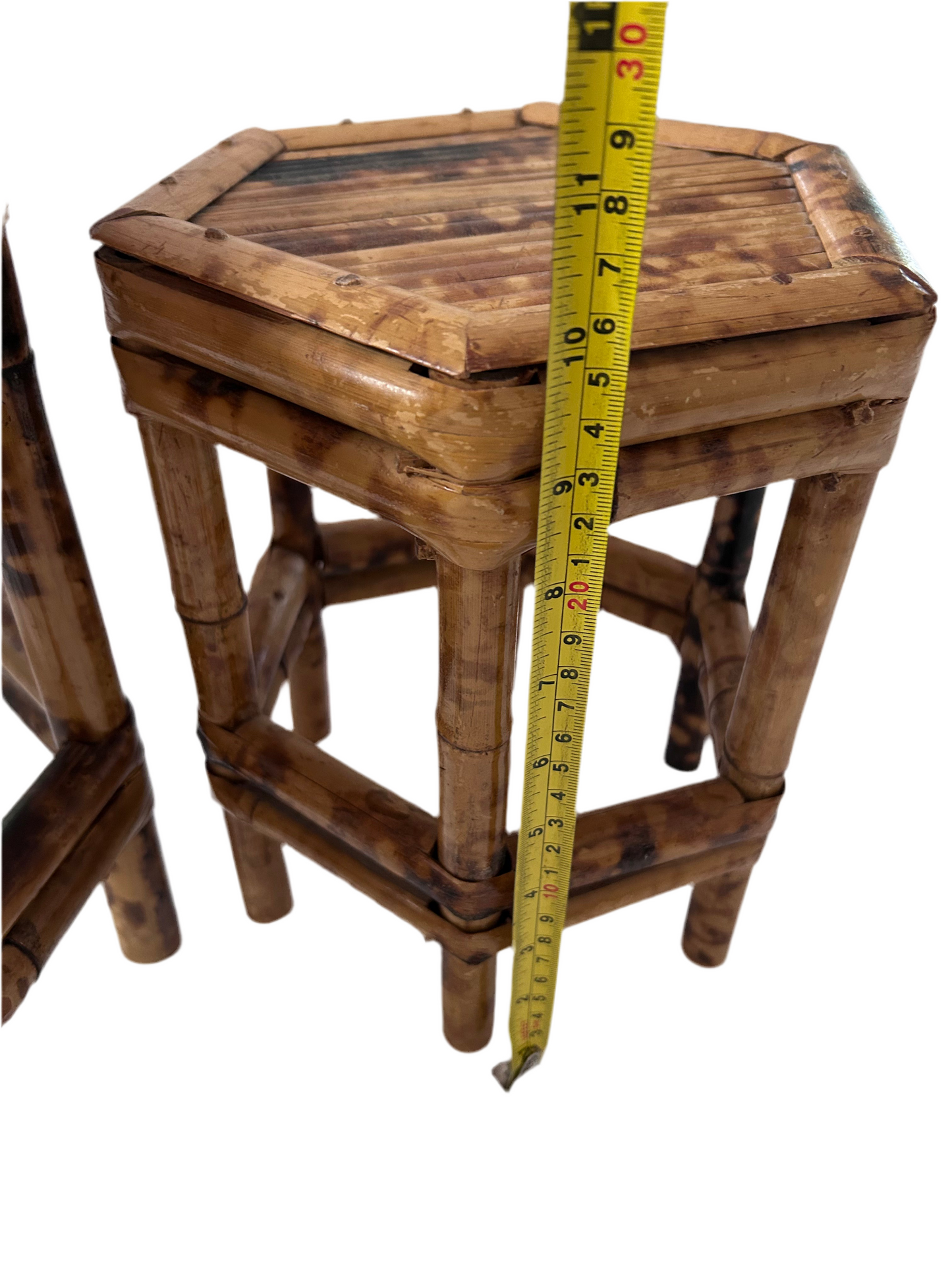 Vintage Burnt Bamboo Hexagonal Plant Stands Nesting Table Raisers (Set of 2)