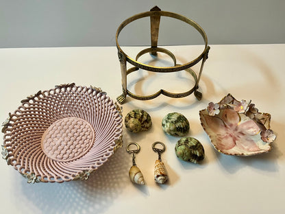 Antique Victorian Brass Stand with Capodimonte Style Bowls & Seashell Collection