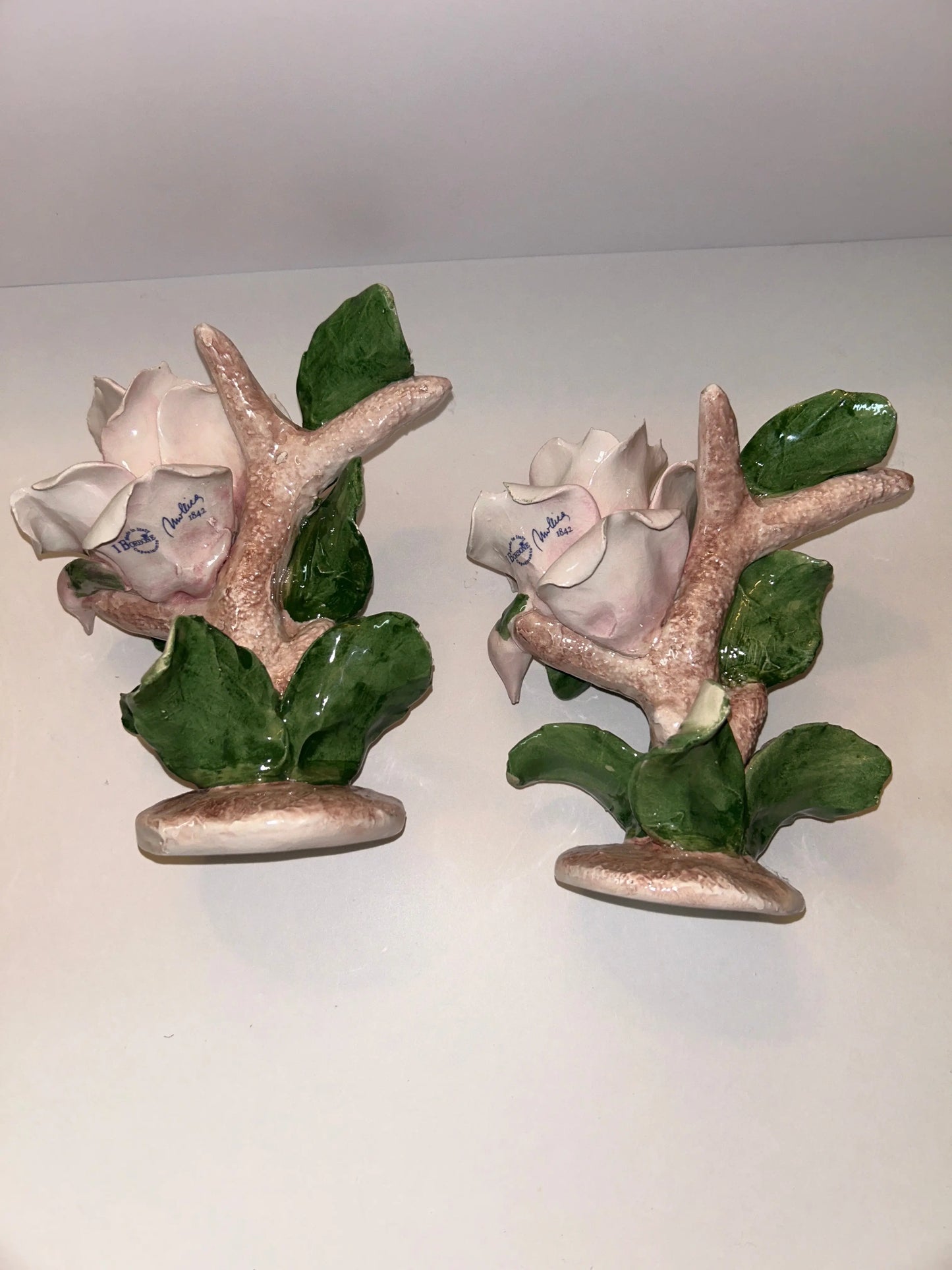 Capodimonte Signed Rosebud Trio Candle Holders/Vintage Vase 