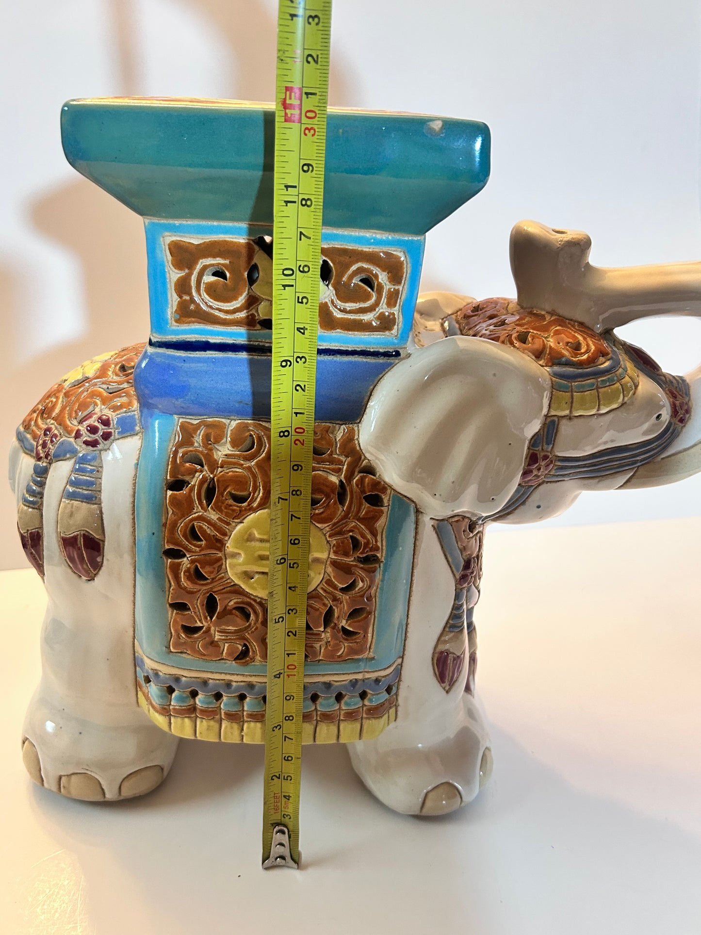 Vintage Chinese Export Style Ceramic Elephant Garden Stool / Plant Stand, 12”Tall, Chinoiserie Decor