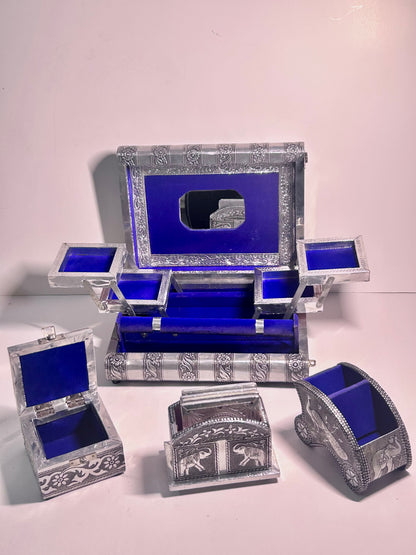 Vintage 4-Piece Handcrafted Embossed Silver Vanity & Jewelry Box Set w/ Coasters