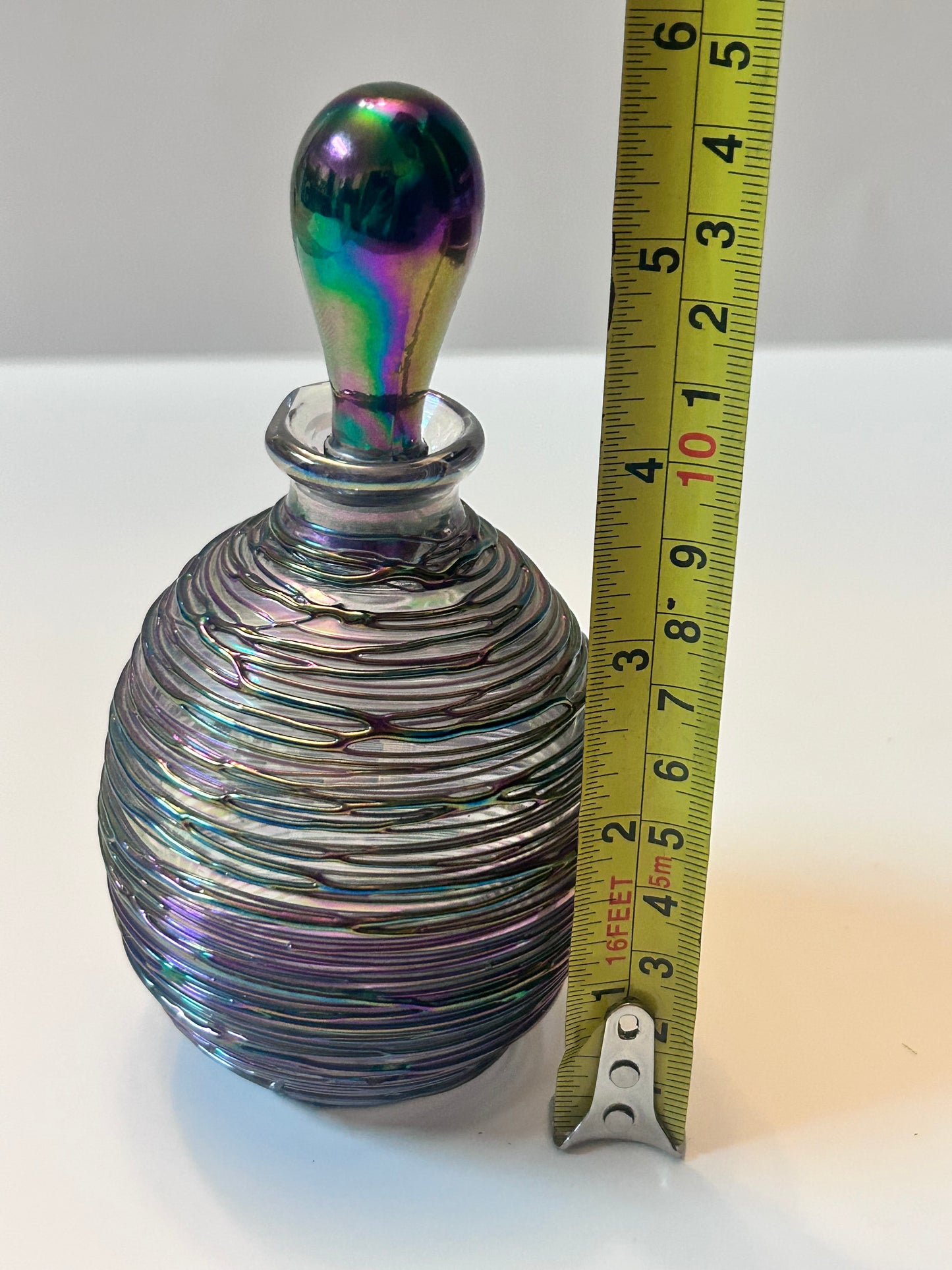 Michael Glass (5.5”) Hand-Blown Iridescent Art Glass Perfume Bottle – Purple/Green Trailing Wrap
