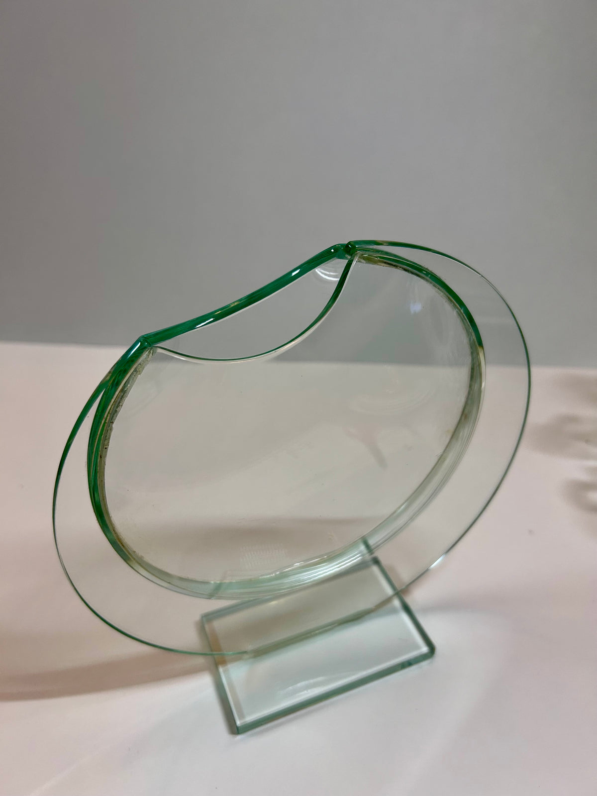 Unique Vintage Sculptural Green-Tint Art Glass "Floating Orbit" Vase (8.25”)Modernist Art Piece