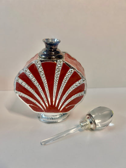Vintage 3-Piece Red Enamel & Silver-Tone Shell Vanity Set - Perfume Sprinkler, Powder Jar & Dabber Bottle