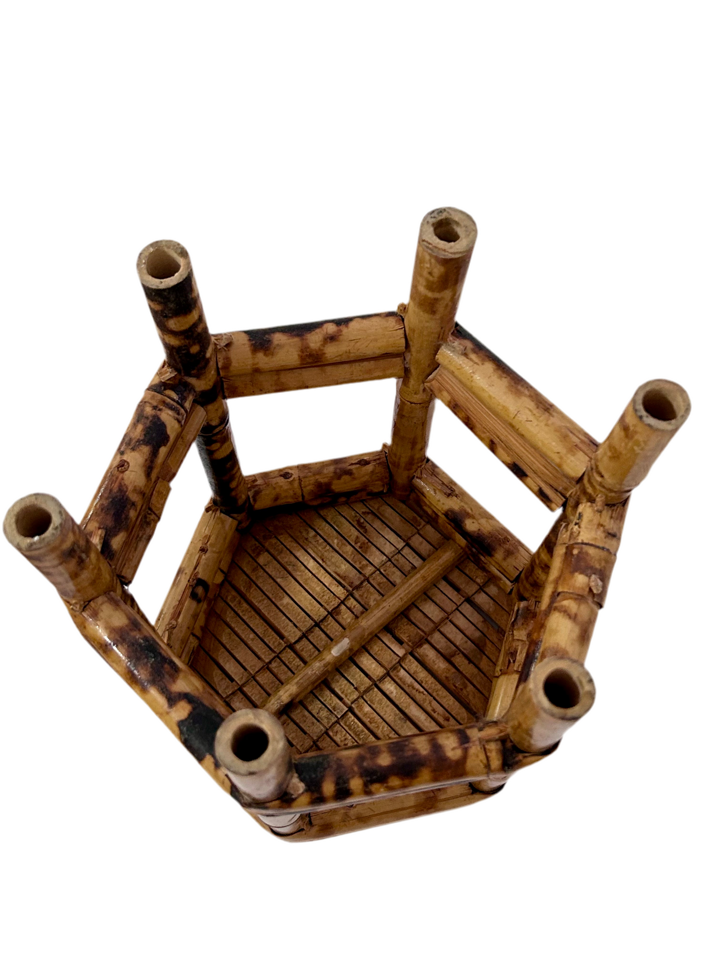 Vintage Burnt Bamboo Hexagonal Plant Stands Nesting Table Raisers (Set of 2)