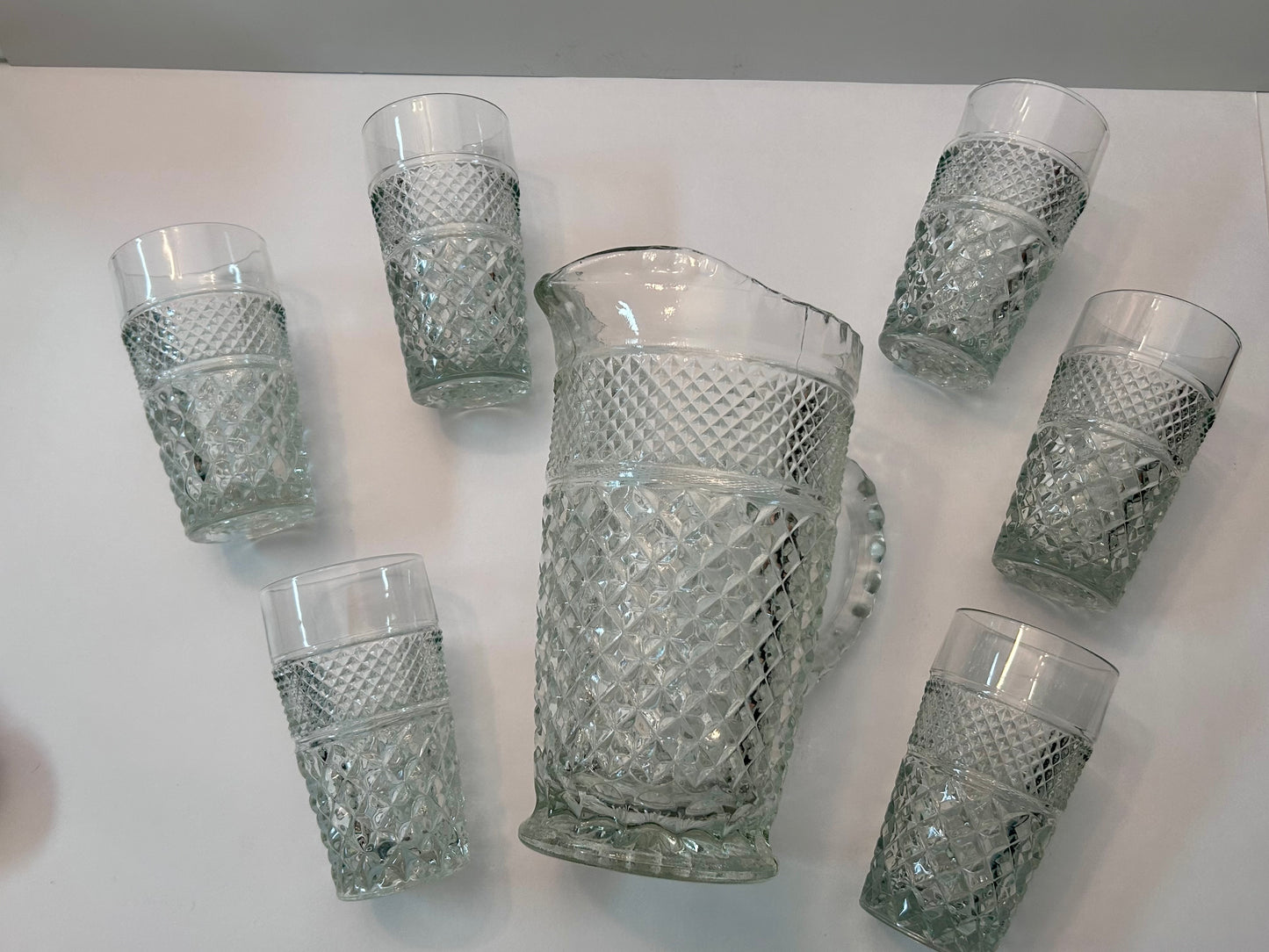 Vintage Anchor Hocking Wexford Diamond Cut Clear Glass Pitcher and 6 Tumblers Set