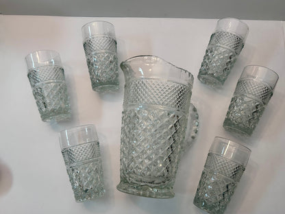 Vintage Anchor Hocking Wexford Diamond Cut Clear Glass Pitcher and 6 Tumblers Set