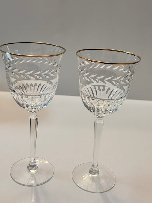 Set of 2 Vintage Lenox Monroe Gold Crystal Wine Glasses - Wheat Etch & Gold Rim - 7-1/4"
H - Made in USA