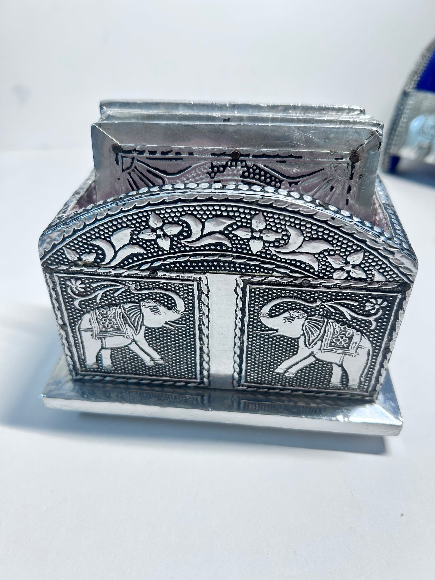 Vintage 4-Piece Handcrafted Embossed Silver Vanity & Jewelry Box Set w/ Coasters
