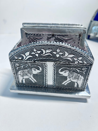 Vintage 4-Piece Handcrafted Embossed Silver Vanity & Jewelry Box Set w/ Coasters