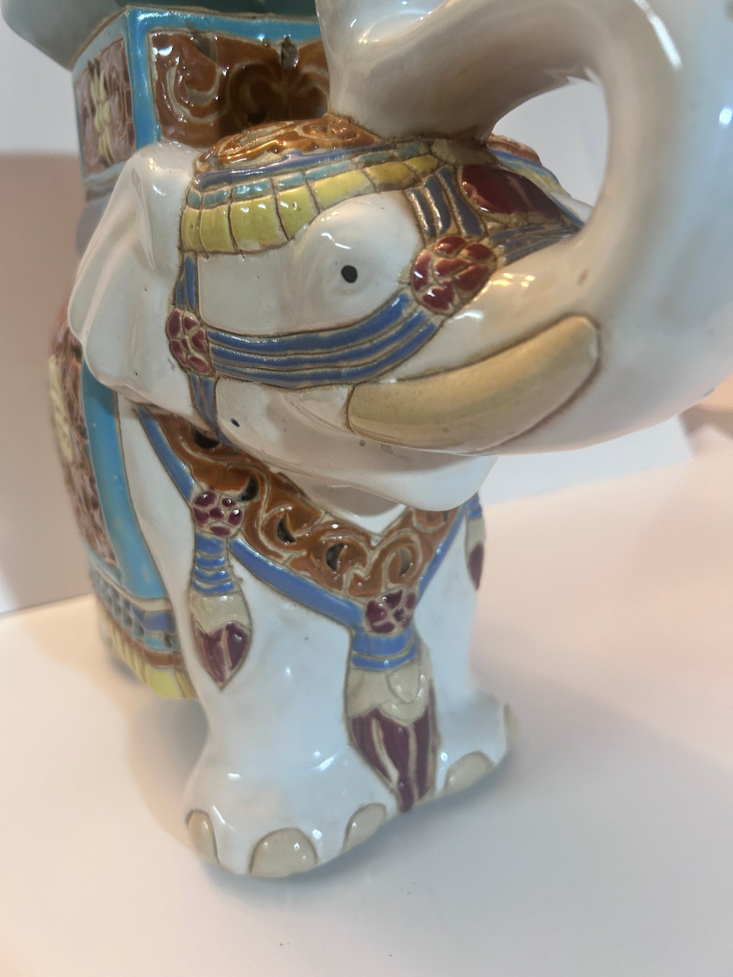 Vintage Chinese Export Style Ceramic Elephant Garden Stool / Plant Stand, 12”Tall, Chinoiserie Decor