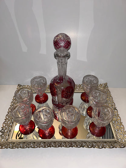 9-Pc Hollywood Regency Ruby Cut-to-Clear Decanter & Ormolu Mirrored Tray Set