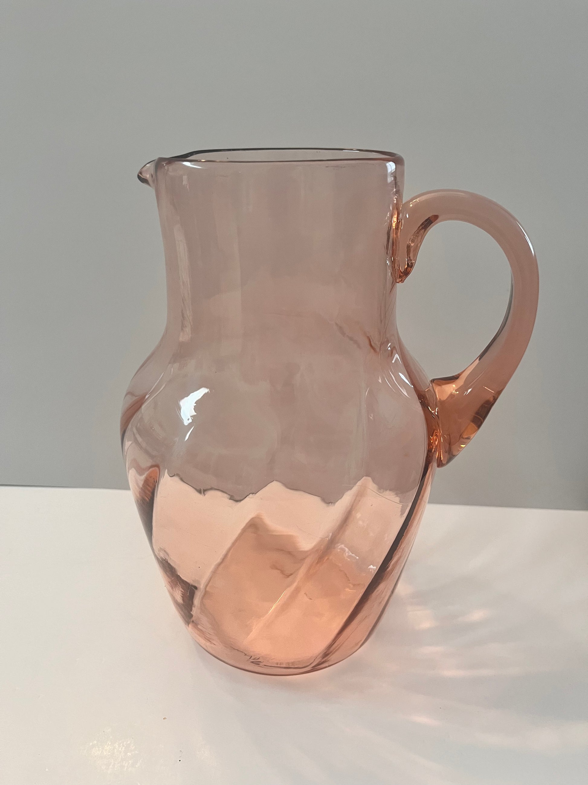 Vintage Pink Depression Glass Hand-Blown Swirl & Optic Pitcher