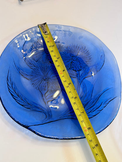 Pair of Hand Crafted Art Glass Cobalt Thistle Motif Plates/- Signed "TD" (8.5”)