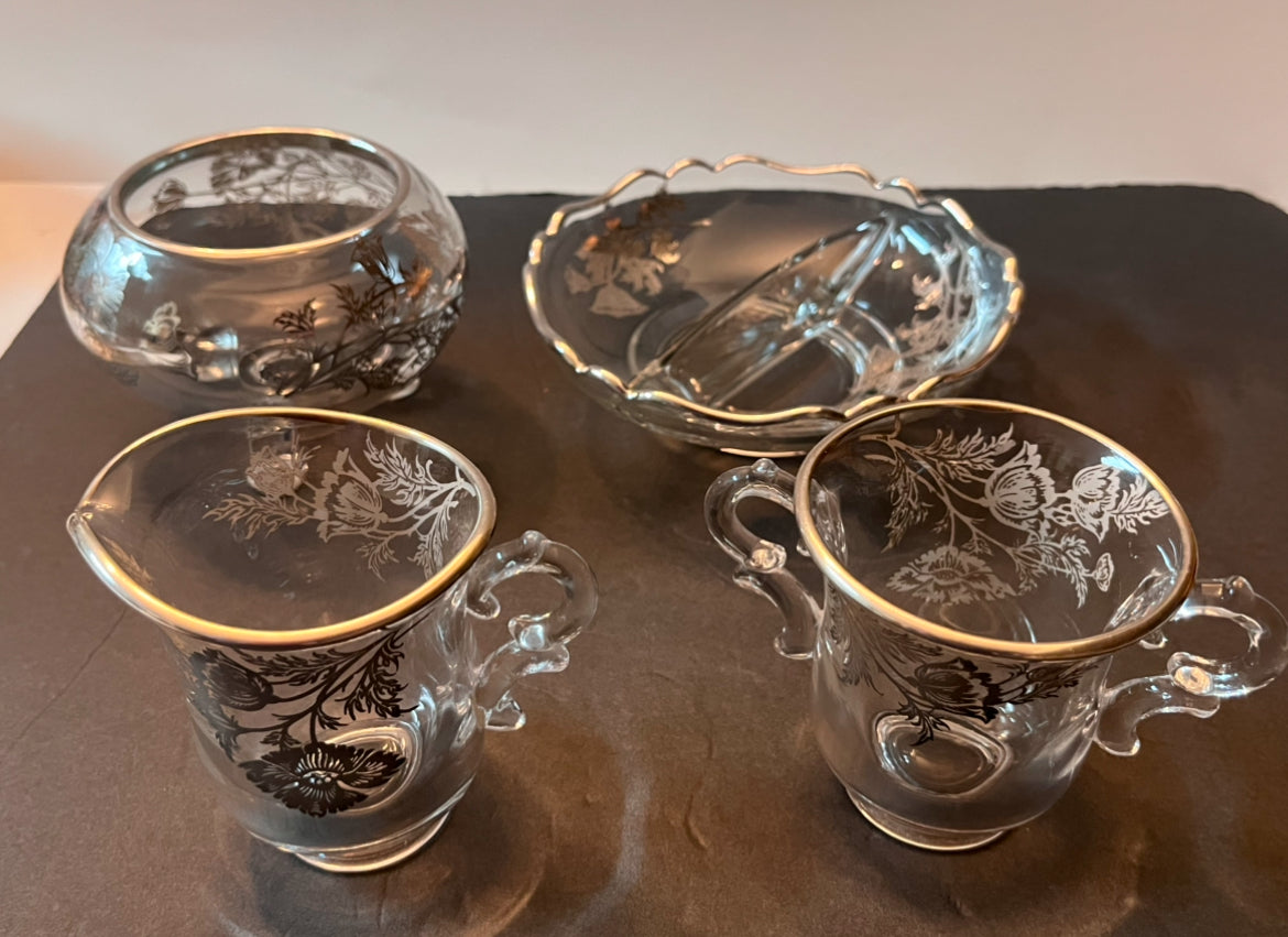 Vintage 1940 Silver City Flanders Poppy Sterling Silver Overlay Sugar & Cream Set with Rose Bowl and Divided Plate