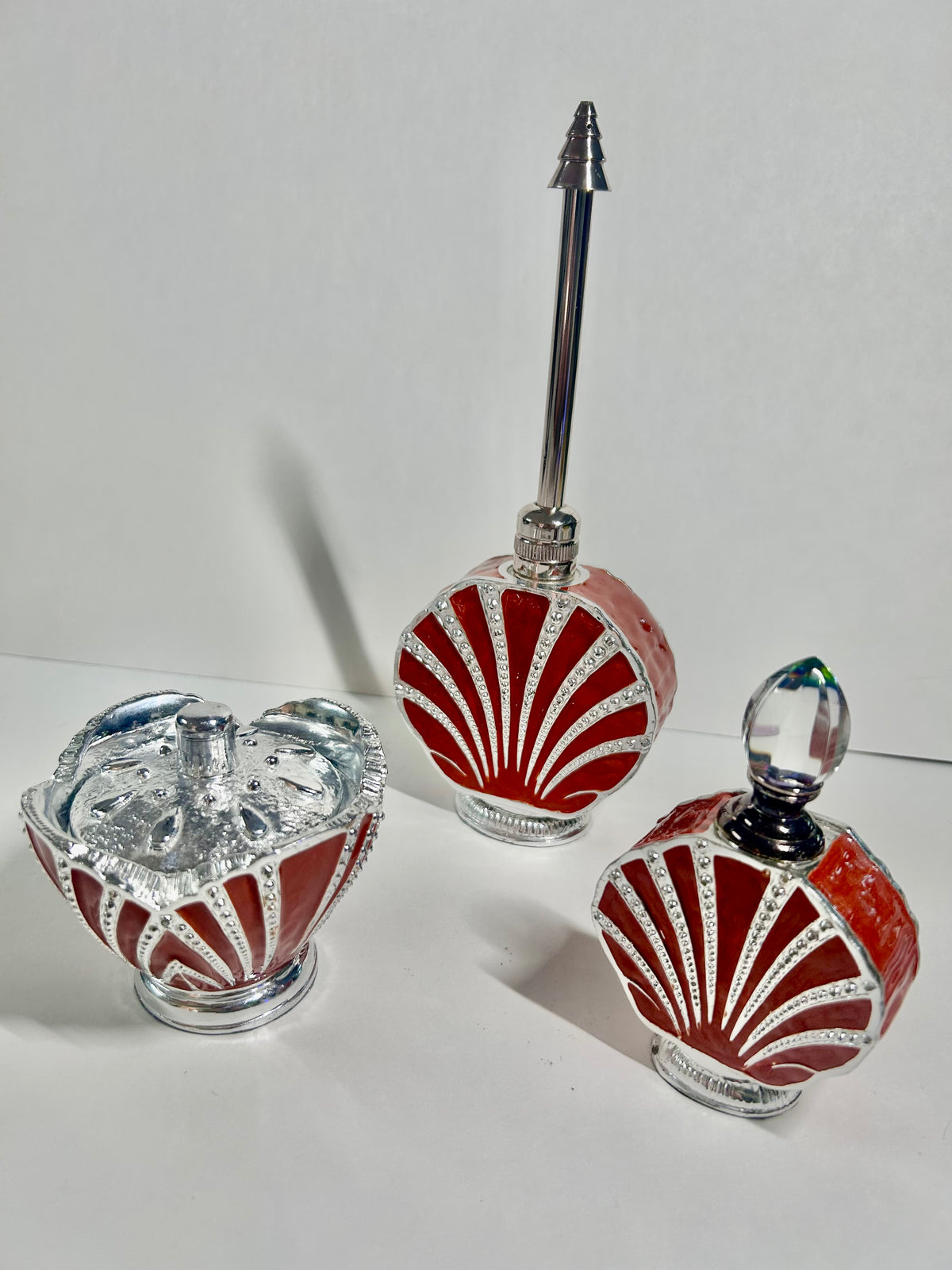 Vintage 3-Piece Red Enamel & Silver-Tone Shell Vanity Set - Perfume Sprinkler, Powder Jar & Dabber Bottle