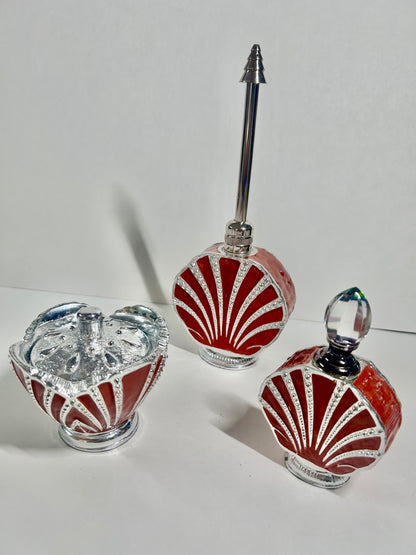 Vintage 3-Piece Red Enamel & Silver-Tone Shell Vanity Set - Perfume Sprinkler, Powder Jar & Dabber Bottle