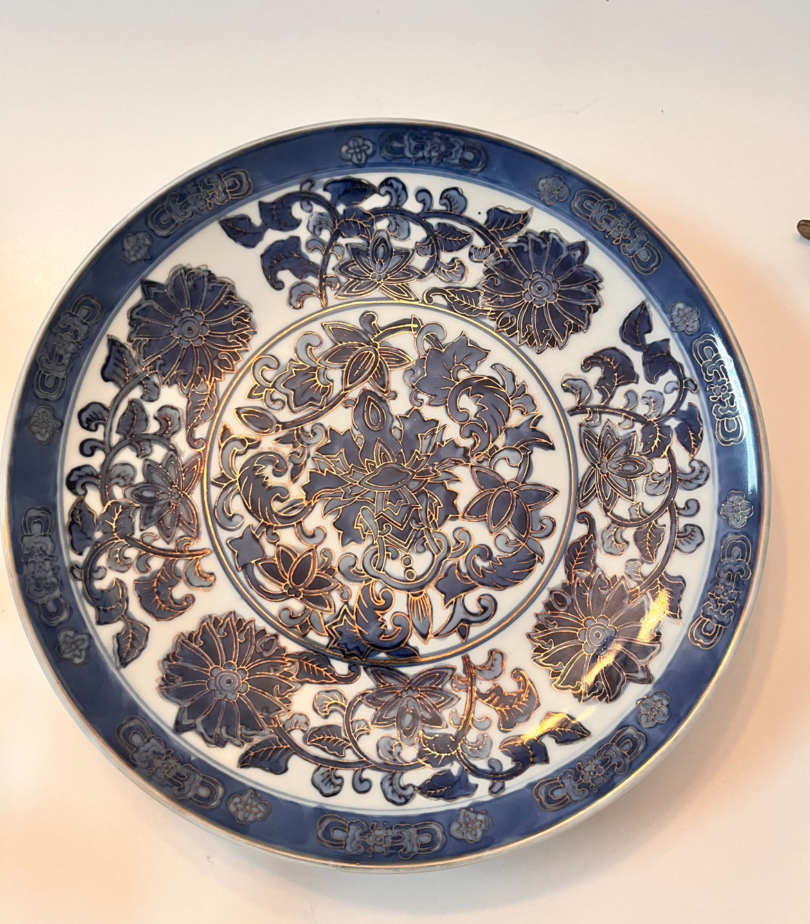 Unique Chinese Blue & White Golden Details Hand Painted Decorative Plate