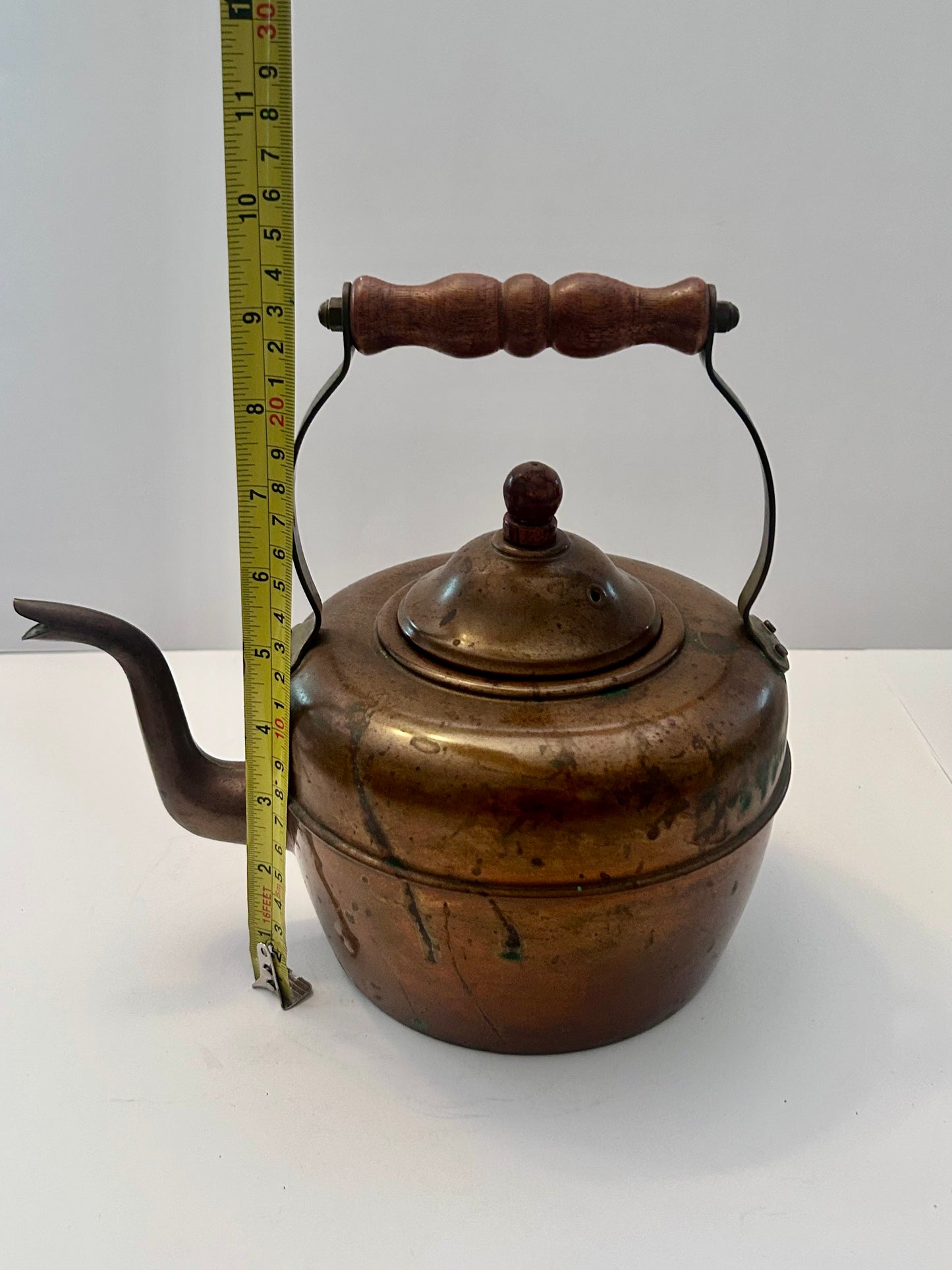 Antique English Copper Tea Kettle - c. 1920s - Gooseneck Wood Handle & Patina - Large