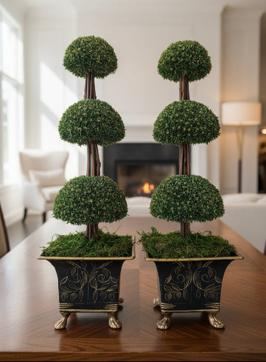 Elegant Pair: 2-Ft Tiered Faux Boxwood Topiary Trees w/ Ornate Clawfoot Metal Bronze Planters