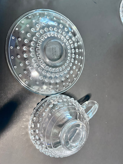 Clear Hobnail Glassware 4-Piece Set - Goblet, Tumbler with Glass Straw, Teacup & Saucer - Made in Portugal