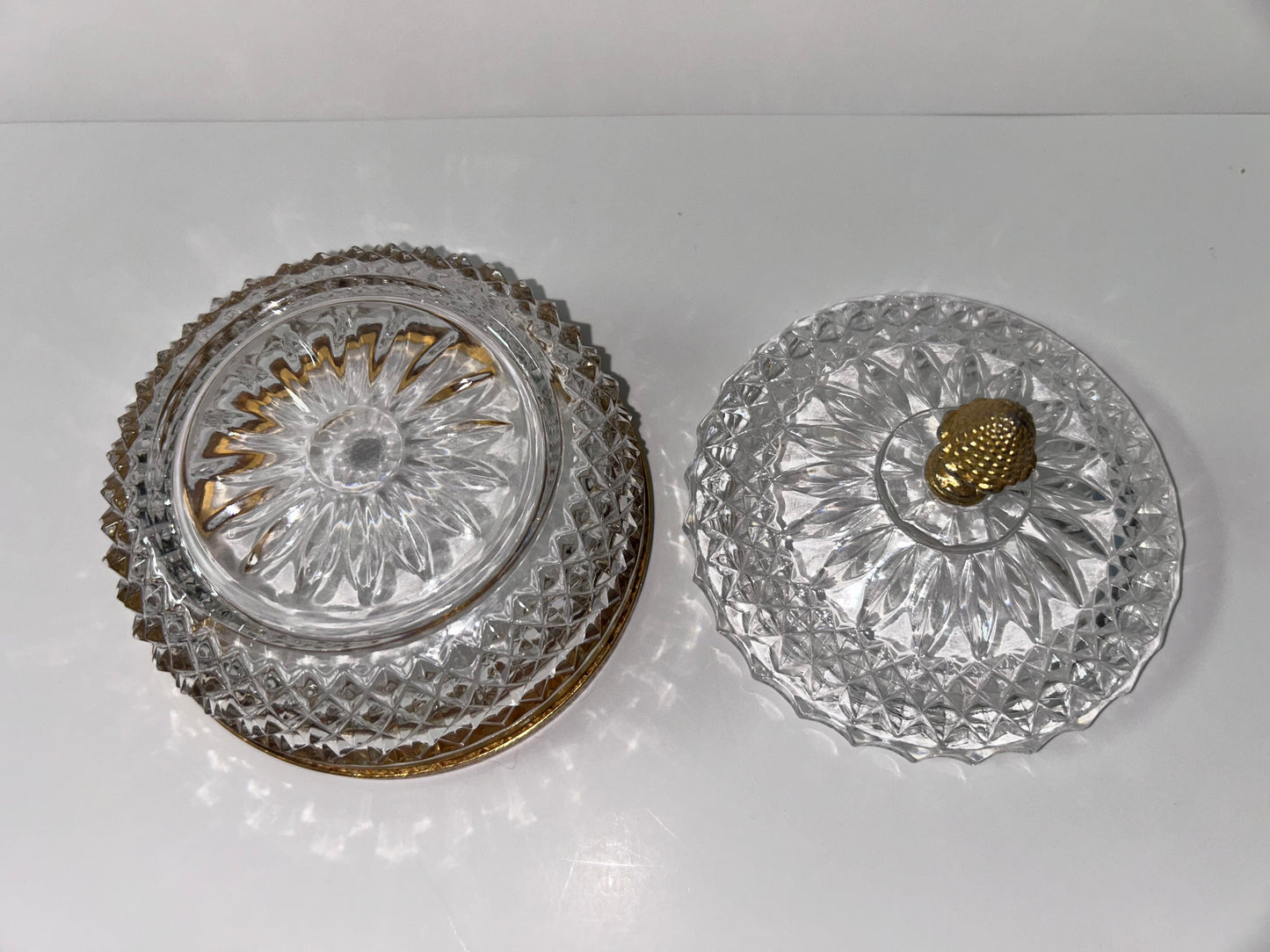 Vintage Baccarat Style Diamond Cut Crystal (4.5”) Candy Dish/ Powder Box with Gilt Bronze Rim