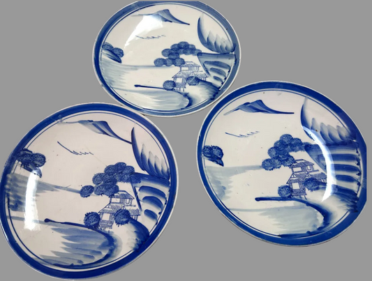 Set of 3 Antique Japanese Arita Plates -Late Edo Period (c. 1860-1880)
– Mountain Landscape – 9"