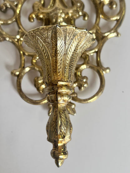 Pair of Vintage Mid Century Filigree Brass/Brass Plated Wall Sconces Candle Holders, French Rococo Style
