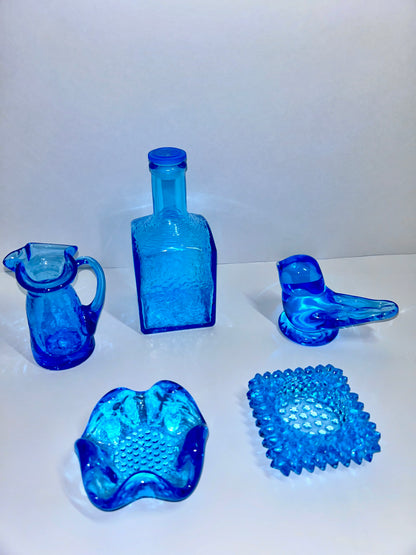Vintage Kanawha Turquoise Blue Small (3”to 6”)Art Glass 5-Piece Mint Lot - Signed Decanter, Bluebird &
Glassware