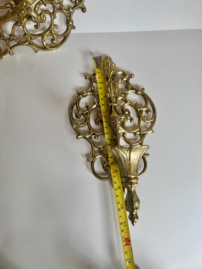 Pair of Vintage Mid Century Filigree Brass/Brass Plated Wall Sconces Candle Holders, French Rococo Style