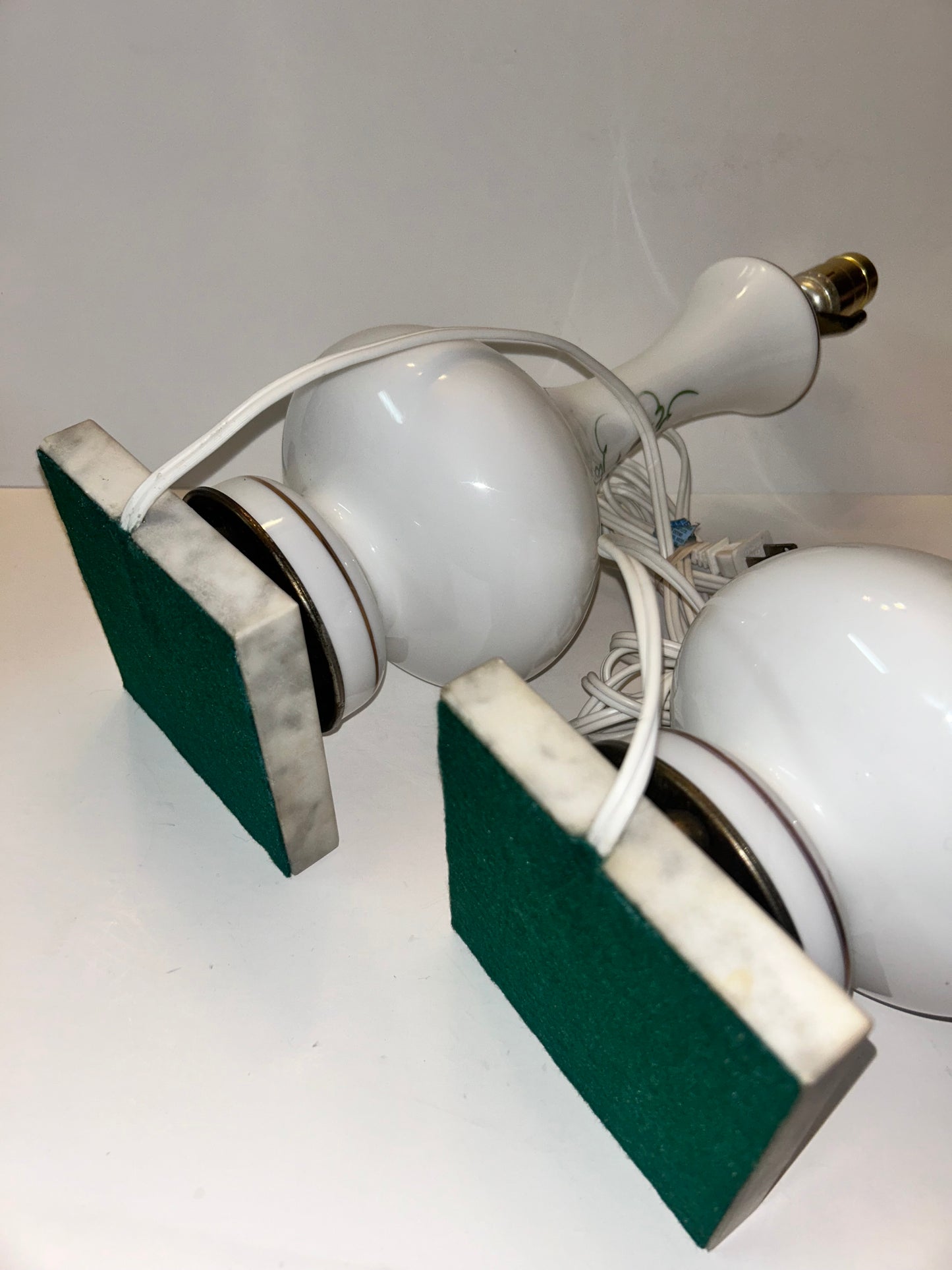 Mid - Century Italians Hand-Painted Milk Glass Lamps – Glossy Finish with Genuine Carrara Marble Base